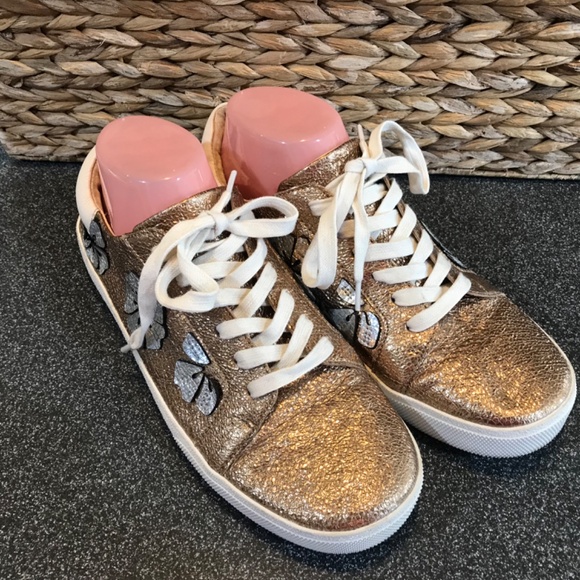 Vince Camuto Leather Claudia Gold and Silver Lace-up Metallic Sneakers - Picture 12 of 15